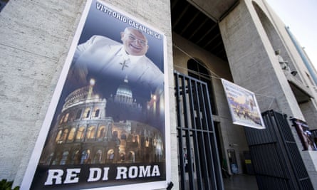 A banner showing Vittorio Casamonica and reading King of Rome hangs from the facade of the Don Bosco church in Rome.