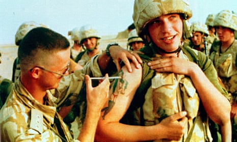 A soldier receiving an injection against the effects of a possible chemical attack in 1991