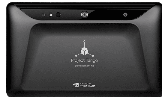 The back of Google's Project Tango tablet, showing its array of sensors.