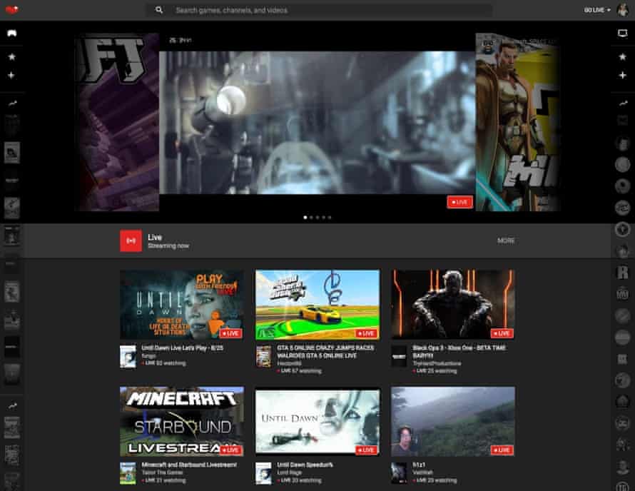 YouTube Gaming's website is available globally, with live streams prominent.