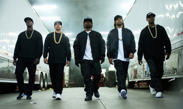 Straight ahead … from left, Aldis Hodge as MC Ren, Neil Brown Jr as DJ Yella, Jason Mitchell as Eazy-E, O’Shea Jackson Jr as Ice Cube and Corey Hawkins as Dr Dre. Photograph: Jaimie Trueblood/AP