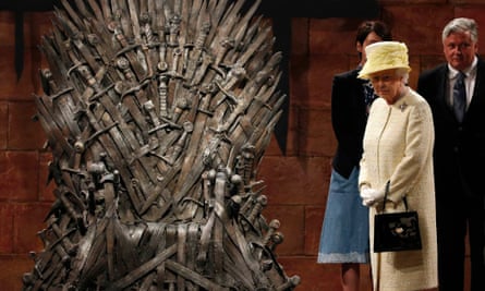 Britain's Queen Elizabeth looks at the Iron Throne as she meets members of the cast on the set of the television show Game of Thrones