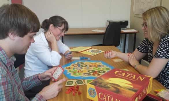 Playing Catan at Basingstoke Discovery Centre.