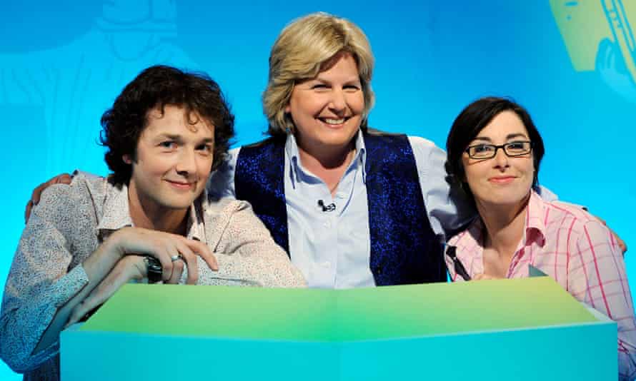 Sandi Toksvig as host of TV game show What the Dickens? with Chris Addison and Sue Perkins.