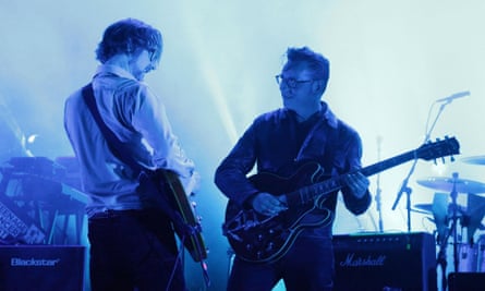 Hawley plays with his old Pulp bandmate Jarvis Cocker (left) at a Teenage Cancer Trust concert at the Royal Albert Hall in 2012.
