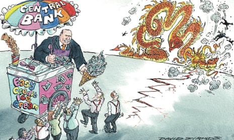 Cartoon by David Simonds showing financiers being helped out by central banker