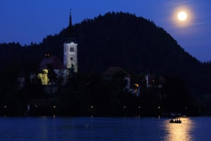 Supermoon visible over Lake Bled, Slovenia