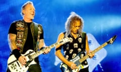 James Hetfield and Kirk Hammett of Metallica perform on day three of the 2015 Leeds festival.