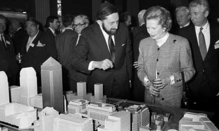 Margaret Thatcher is shown a model of the proposed development at Canary Wharf in London.