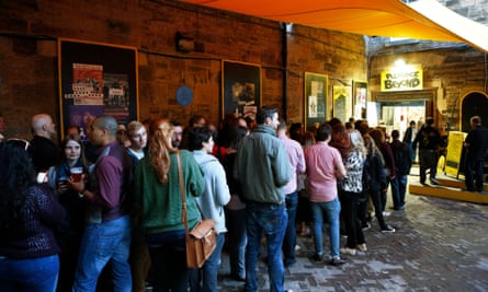Fringe customers queue at the Pleasance Beyond, one of the Pleasance's 23 performance spaces.