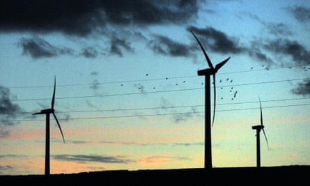 A flock of birds flies past wind turbines in the evening light, at Scottish Power's Dun Law windfarm south of Edinburgh