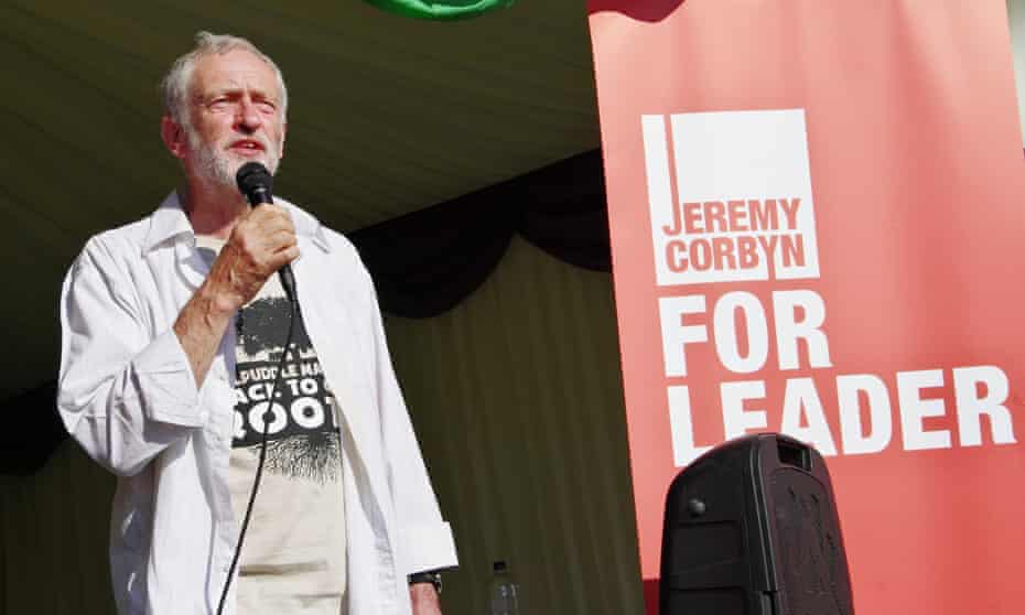 Labour leader candidate Jeremy Corbyn addresses the crowd in front of the Unison South West tent at this year's Tolpuddle Martyrs Festival.