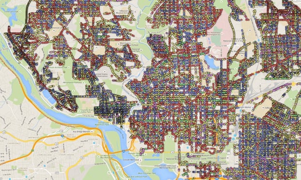 The map plots street trees planted by Washington DC’s District Urban Forest Administation.