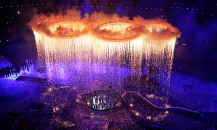 The Olympic rings light up the stadium during the Opening Ceremony at the 2012 Summer Olympics