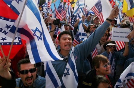 Christian followers of John Hagee chant during a rally in Jerusalem in 2008