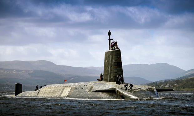 Royal Navy Vanguard Class submarine HMS Vigilant returning to HMNB Clyde after her deployment. The four Vanguard-class submarines form the UK's strategic nuclear deterrent force. Each of the the four boats is armed with Trident 2 D5 nuclear missiles.