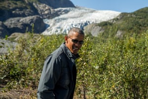 President Barack Obama speaks to members of the media while on a hike to the Exit Glacier in Seward, Alaska