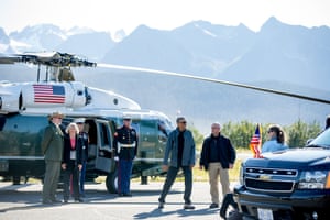 President Barack Obama arrives at Seward Airport to take a hike to view the Exit Glacier in Seward, Alaska.