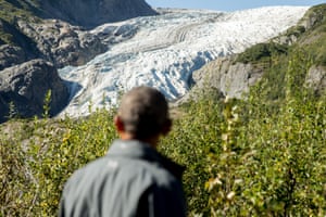 President Barack Obama pauses to view the Exit Glacier in Seward, Alaska, which according to National Park Service research, has retreated approximately 1.25 miles over the past 200 years.