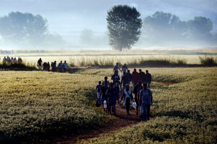 Syrian refugees and migrants walk in a field to cross the border between Greece and Former Yugoslav Republic of Macedonia. Photograph: Aris Messinis/AFP/Getty Images