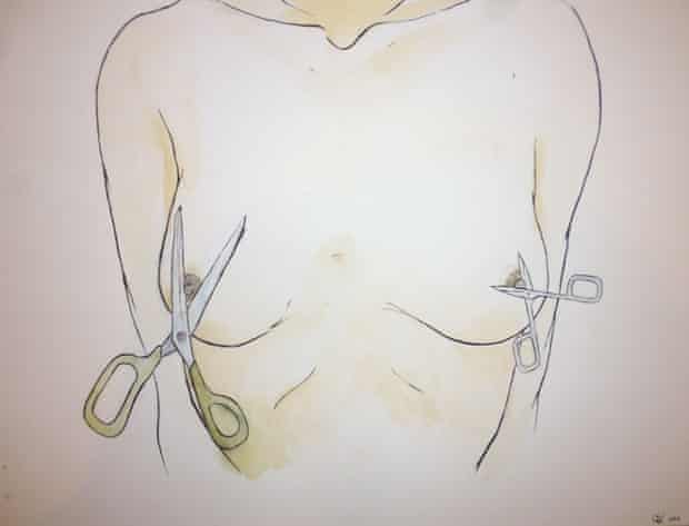 Sarah Hemmaida's drawing Pinch 1, AKA Tits and Scissors, is part of the Art As Opportunity exhibition in London.