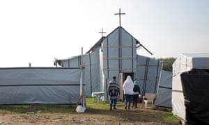 The plastic-walled Ethiopian Orthodox church made by Christian refugees at the Jungle camp in Calais.