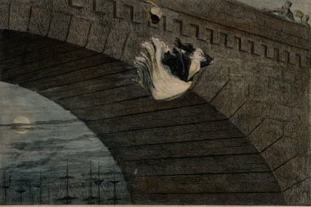 An 1848 etching by George Cruikshank, A destitute girl throws herself from a bridge, which is on show at the Foundling Museum.