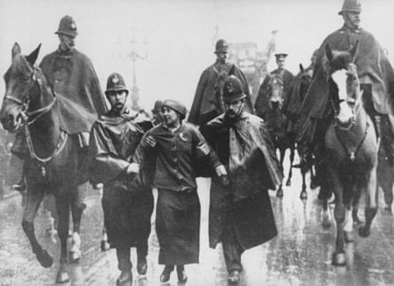 Sylvia Pankhurst being taken into custody by police during a 1912 suffrage protest in Trafalgar Square.