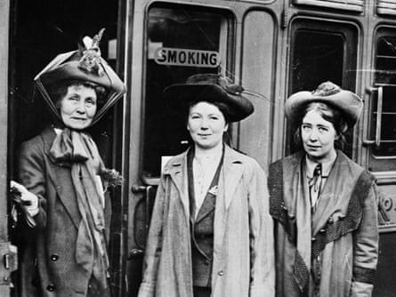 From left: Emmeline Pankhurst with daughters Christabel and Sylvia at Waterloo station, London, 1911.