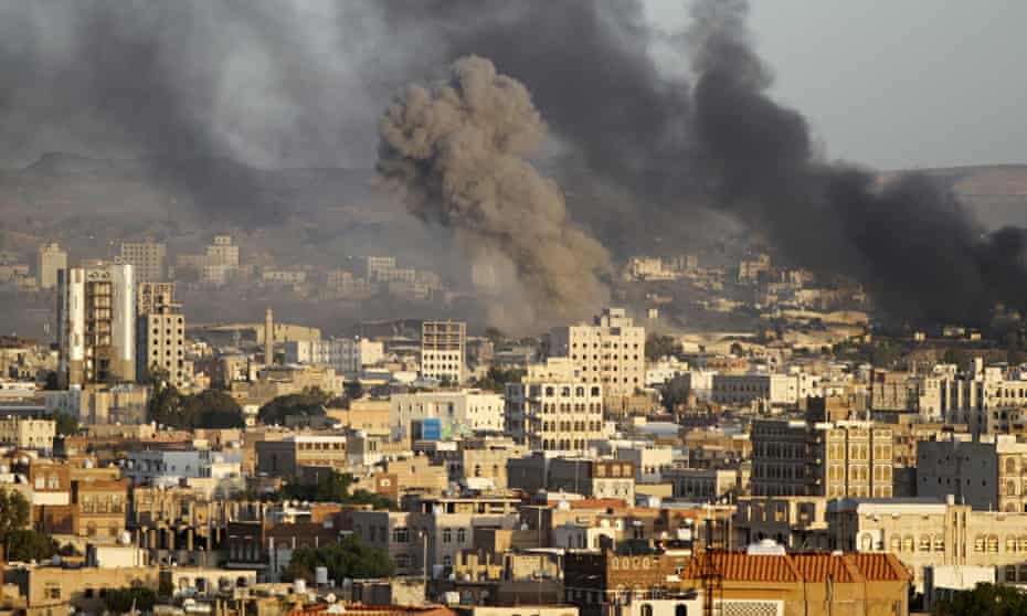 Smoke billows from a building in Yemen's capital Sana'a after a Saudi-led air strike