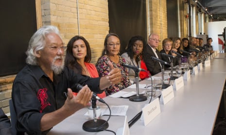 Environmental activist David Suzuki, Naomi Klein and several others speak during a news conference to launching "Leap Manifesto: A Call for a Canada Based on Caring for the Earth and One Another" in Toronto on September 15, 2015.