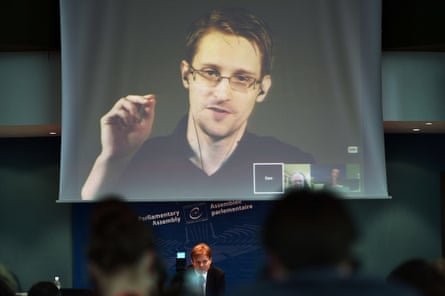Edward Snowden talks via video link from Russia to a parliamentary hearing at the Council of Europe in Strasbourg, June 2015.