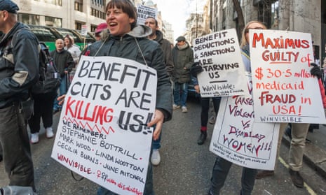 Protesters outside the Department of Work and Pensions in London protest in March against US firm Maximus, which runs controversial fit-for-work tests on behalf of the UK government.