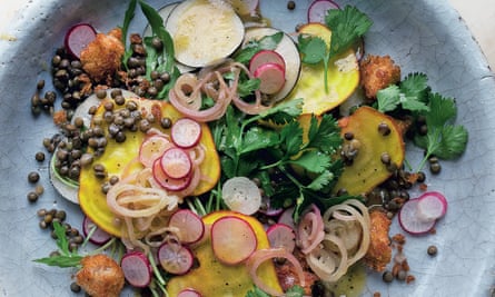 Yotam Ottolenghi's lentil and pickled shallot salad with berbere croutons
