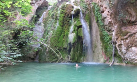 The 2nd waterfall down from Mylopotamos with Jemima swimming, Kythira, Greece