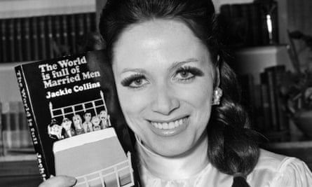 Jackie Collins in 1968, holding up a copy of her bestseller The World Is Full of Married Men.