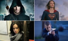 Planet of the capes… Clockwise from top left: Stephen Amell in Arrow, Melissa Benoist in Supergirl, Ben McKenzie in Gotham, Krysten Ritter in Jessica Jones