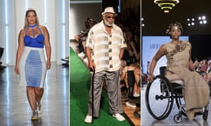 A model at the Chromat fashion show, an ‘ordinary dad’ at Josh ‘The Fat Jew’ Ostrovsky’s ‘dadbod’ show, and model Leslie Irby at the FTL Moda show – all at New York fashion week, September 2015. Photograph: Fernando Leon/Getty Images; Nicky Digital/Andrew Kelly/Corbis;