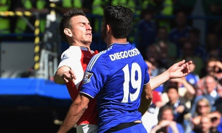 One of the clashes involving Chelsea's Diego Costa Laurent Koscielny of Arsenal at Stamford Bridge.