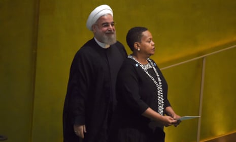 Iranian president Hassan Rouhani arrives to speak at the UN sustainable development at the general assembly.