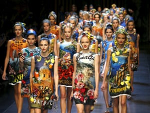 Milan, Italy Models parade at the end of the Dolce & Gabbana Spring/Summer 2016 collection show during Milan Fashion Week