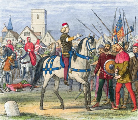 Richard II rides out to meet the rebels at Smithfield, London, during the Peasants' Revolt.