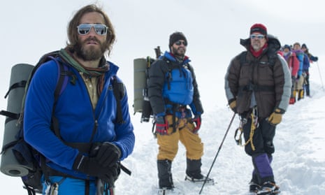 Jake Gyllenhaal, from left, as Scott Fischer, Michael Kelly as Jon Krakauer, and Josh Brolin as Beck Weathers, in  Everest.