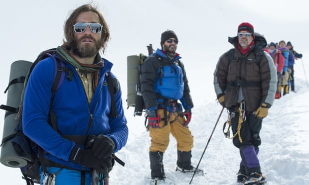 Jake Gyllenhaal, from left, as Scott Fischer, Michael Kelly as Jon Krakauer, and Josh Brolin as Beck Weathers, in  Everest.
