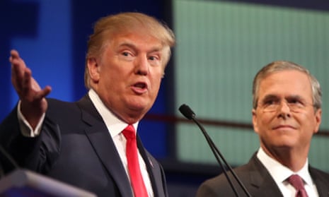 Donald Trump and Jeb Bush participate at the first Republican presidential debate.