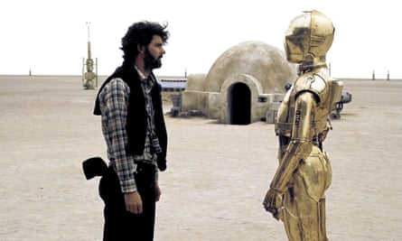 With George Lucas on the set of A New Hope (1977).