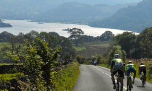 Breakaway riders approach Ullswater on stage 5 of the Tour of Britain