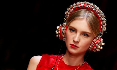 A model at Milan fashion week in March wearing ornate Dolce & Gabbana headphones. 