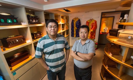 Wang Dan (L) and  Xu Yi at their funerary shop, The Other Shore, in Beijing. 