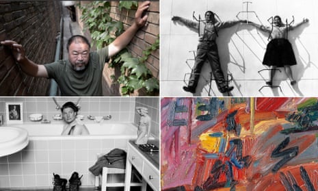 Clockwise from top, artist and activist Ai Weiwei; Charles and Ray Eames; Frank Auerbach's Hampstead Road, High Summer; Lee Miller in Hitler's bathtub.